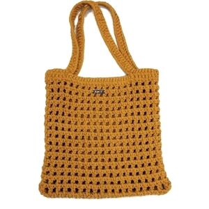 Anthropologie x BINGE Knitted Beach Tote Bag Handcrafted Color Mango 14" x 14"